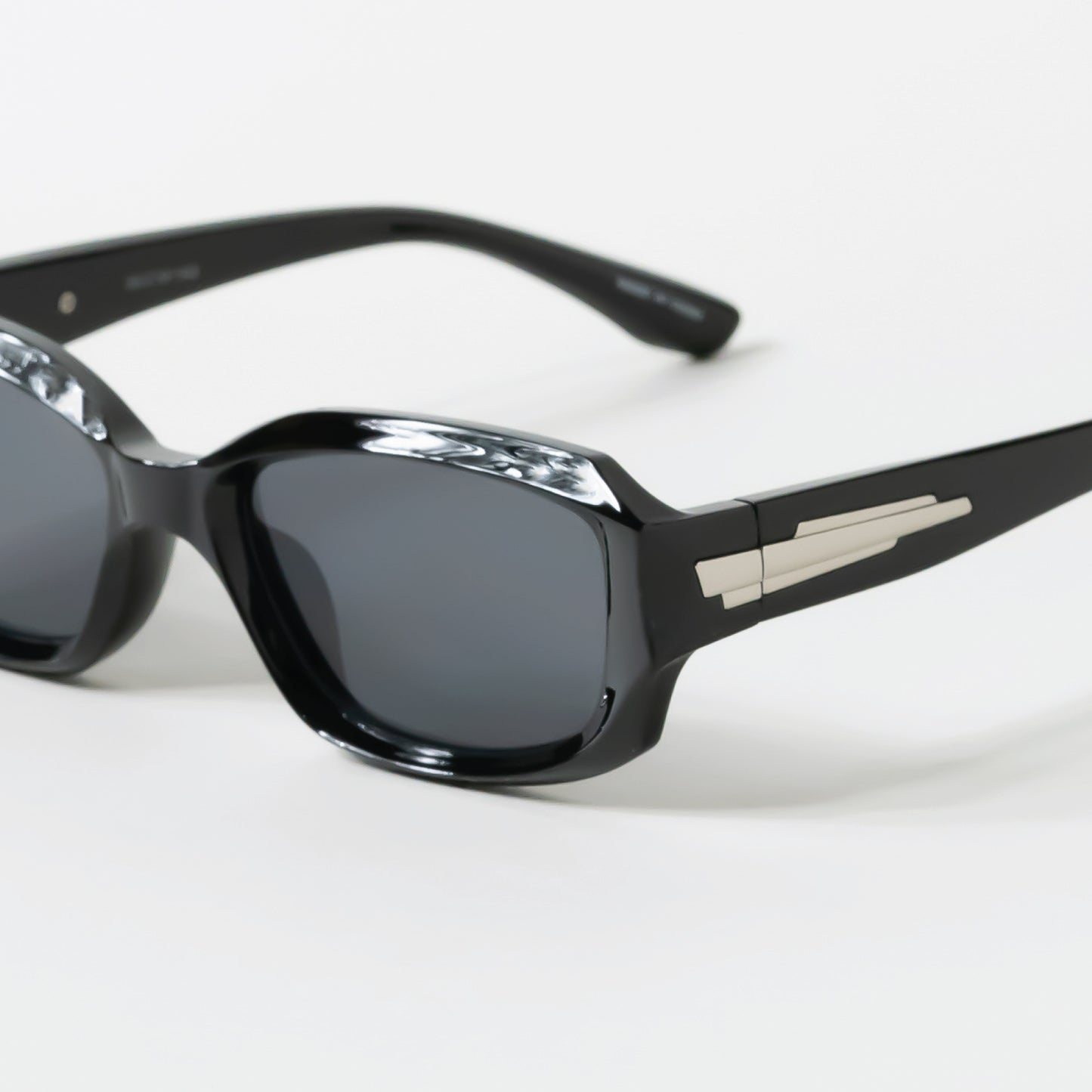 Black Irregular Geometric Rectangle Sunglasses with Side Silver Detail