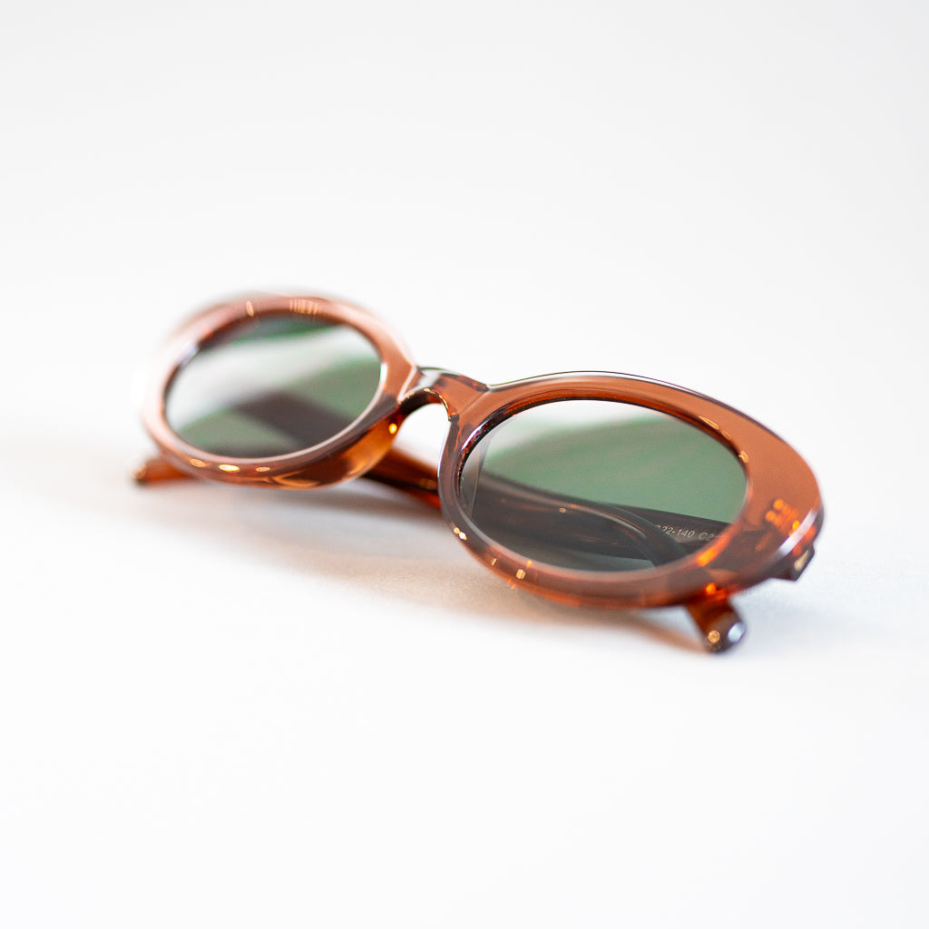 Green Tint Brown Clear Frame Round Eye Sunglasses