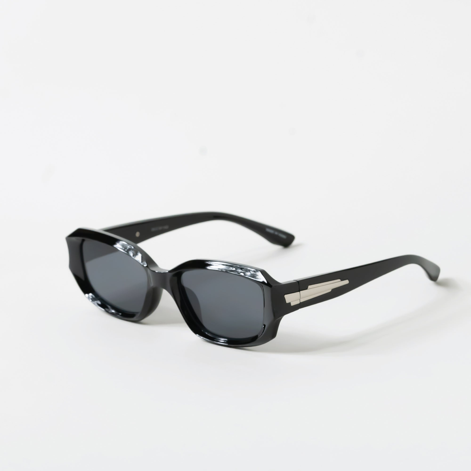 Black Irregular Geometric Rectangle Sunglasses with Side Silver Detail