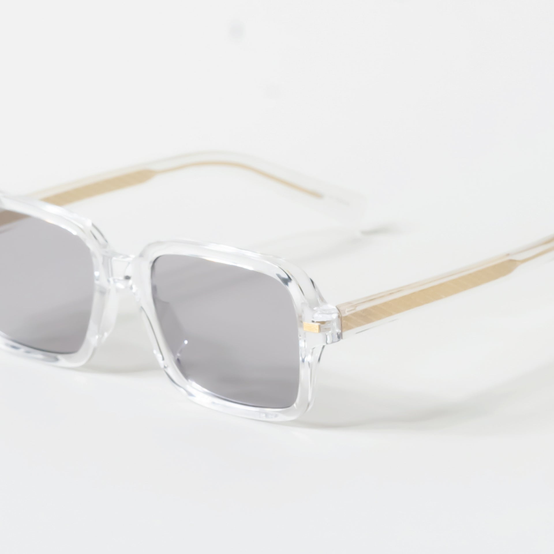 Large Rectangle Retro Smoke Tint Clear Frame Sunglasses with Gold Detail