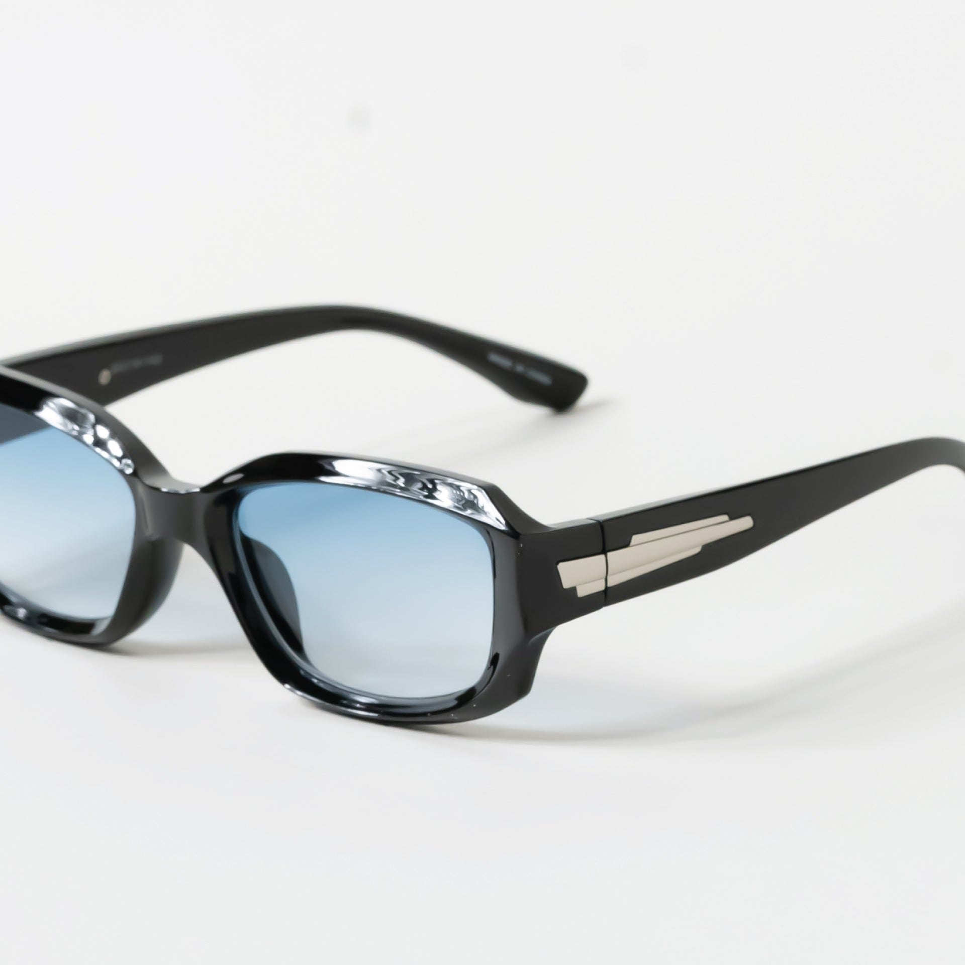 Black Blue Tint Irregular Geometric Rectangle Sunglasses with Side Silver Detail