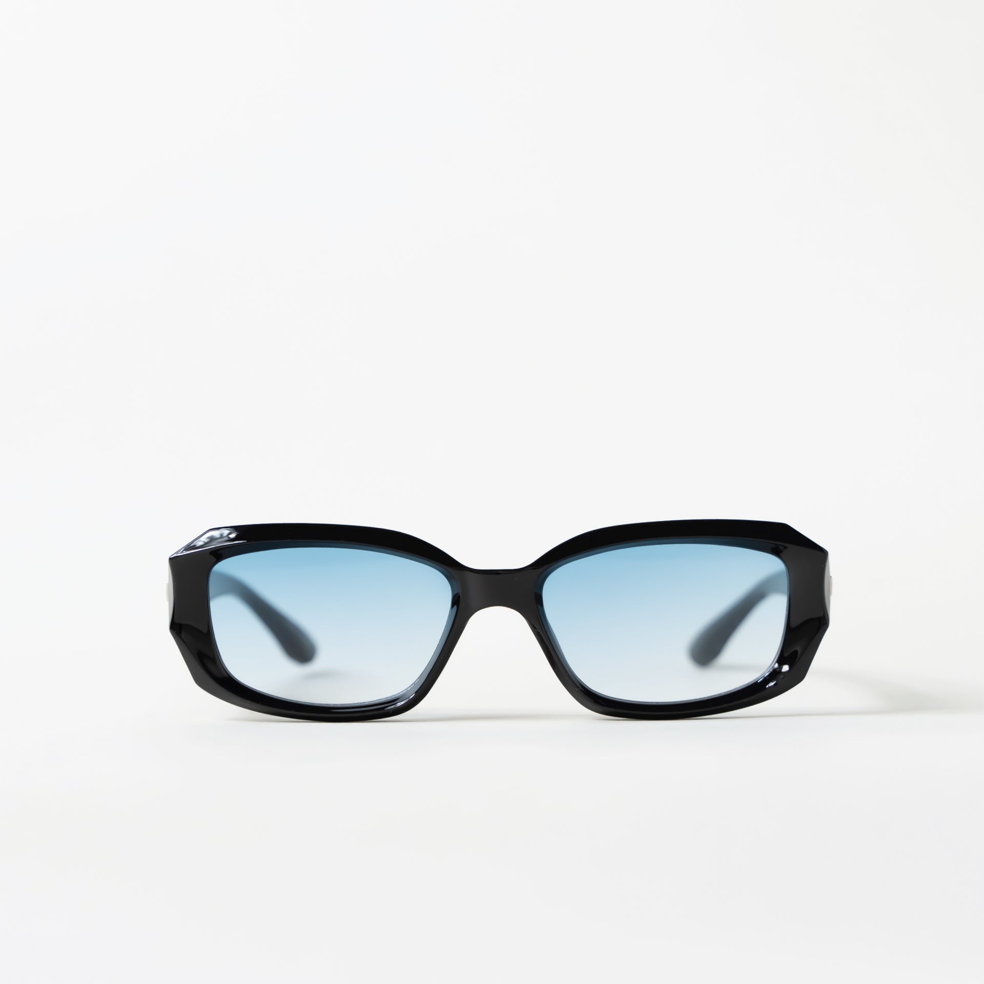 Black Blue Tint Irregular Geometric Rectangle Sunglasses with Side Silver Detail
